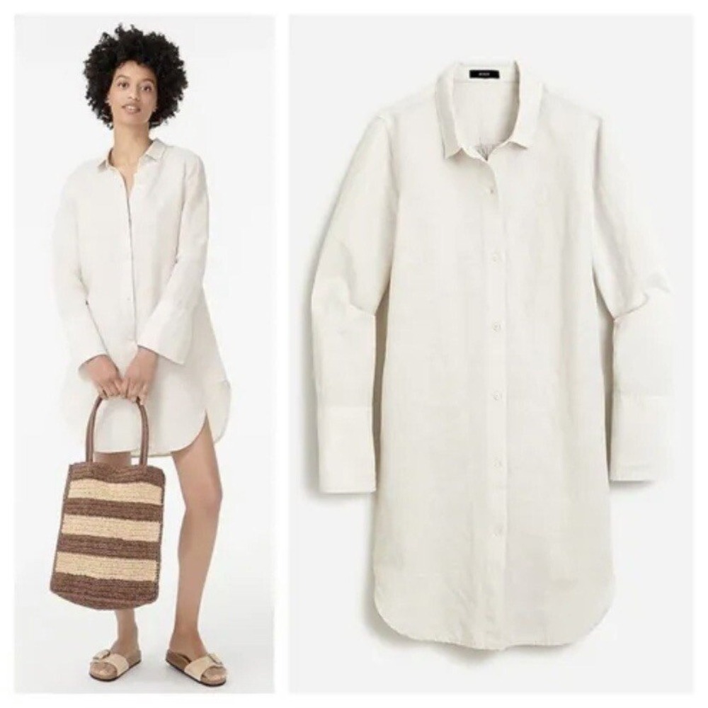 J Crew Linen‎ Cotton Blend Beach Shirt Womens Medium Beige Shirtdress Neutral